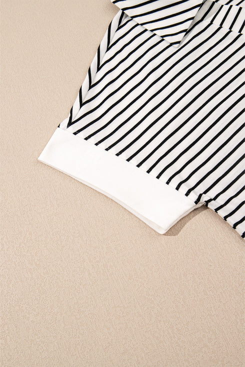 Striped V Neck Contrast Cuff Top And Drawstring Short Lounge Set